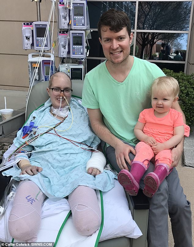 Mrs Colwick's lower legs were amputated (pictured) due to sepsis after the life-threatening labour, during which she gave birth to Quinn stillborn. She is pictured with Mr Colwick and their daughter, Kenzi. Her hair was removed while she was in hospital