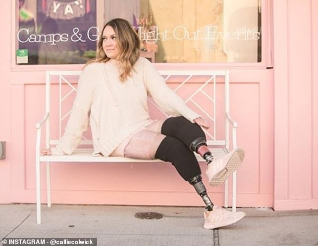 Despite all her health struggles, Mrs Colwick, pictured with her prosthetic legs, says she is keen to make the most of her life. She said: 'My hope is to help and inspire others. I was 27 when this happened - no one expects a 27-year-old mom to die'