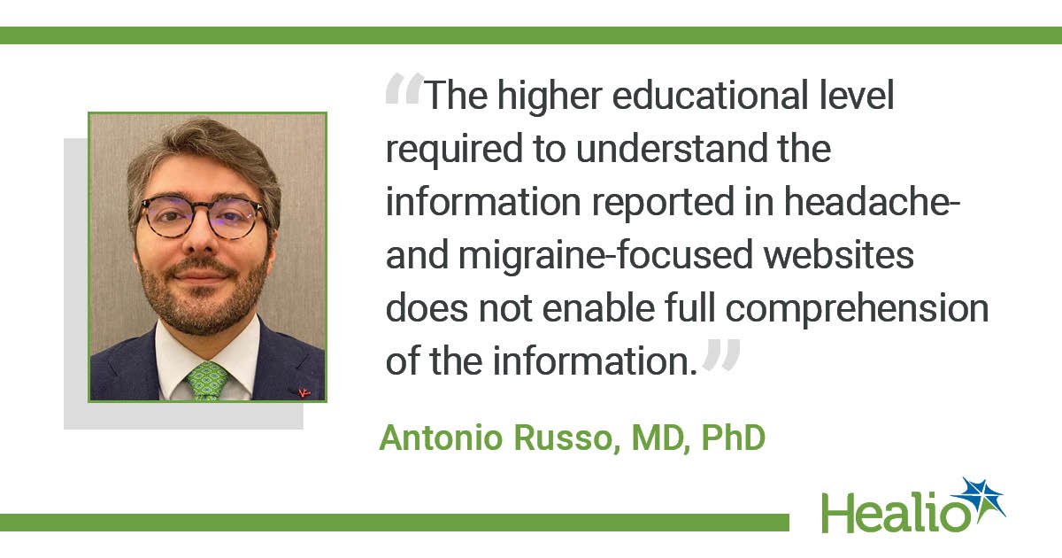“The higher educational level required to understand the information reported in headache- and migraine-focused websites does not enable full comprehension of the information." The source of the quote is Antonio Russo, MD, PhD.
