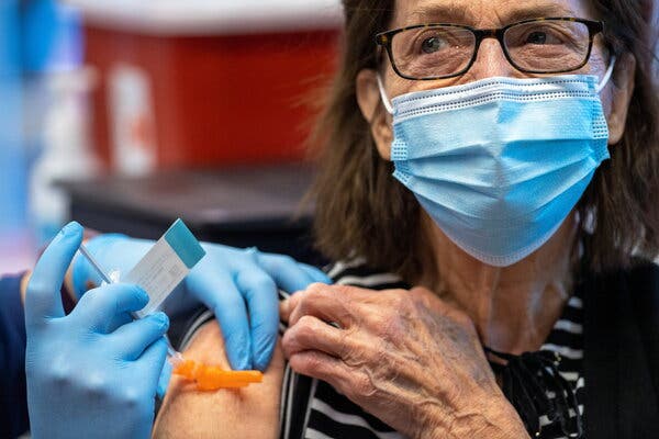 Barbara Schmalenberger, 86, of Hilliard, Ohio, receiving the Johnson & Johnson vaccine on Tuesday.