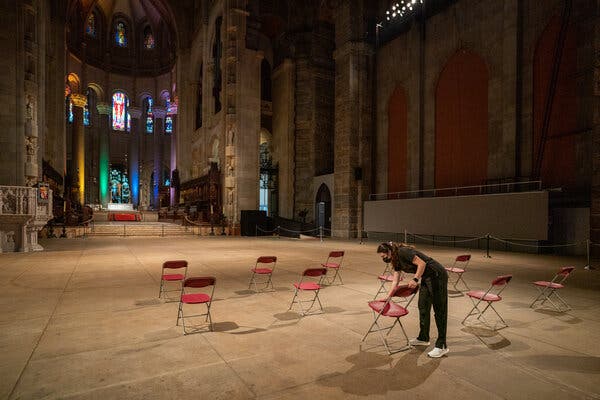 The waiting area of a pop-up vaccination site at St. John The Divine Cathedral sits empty on June 27, 2021 in Manhattan.